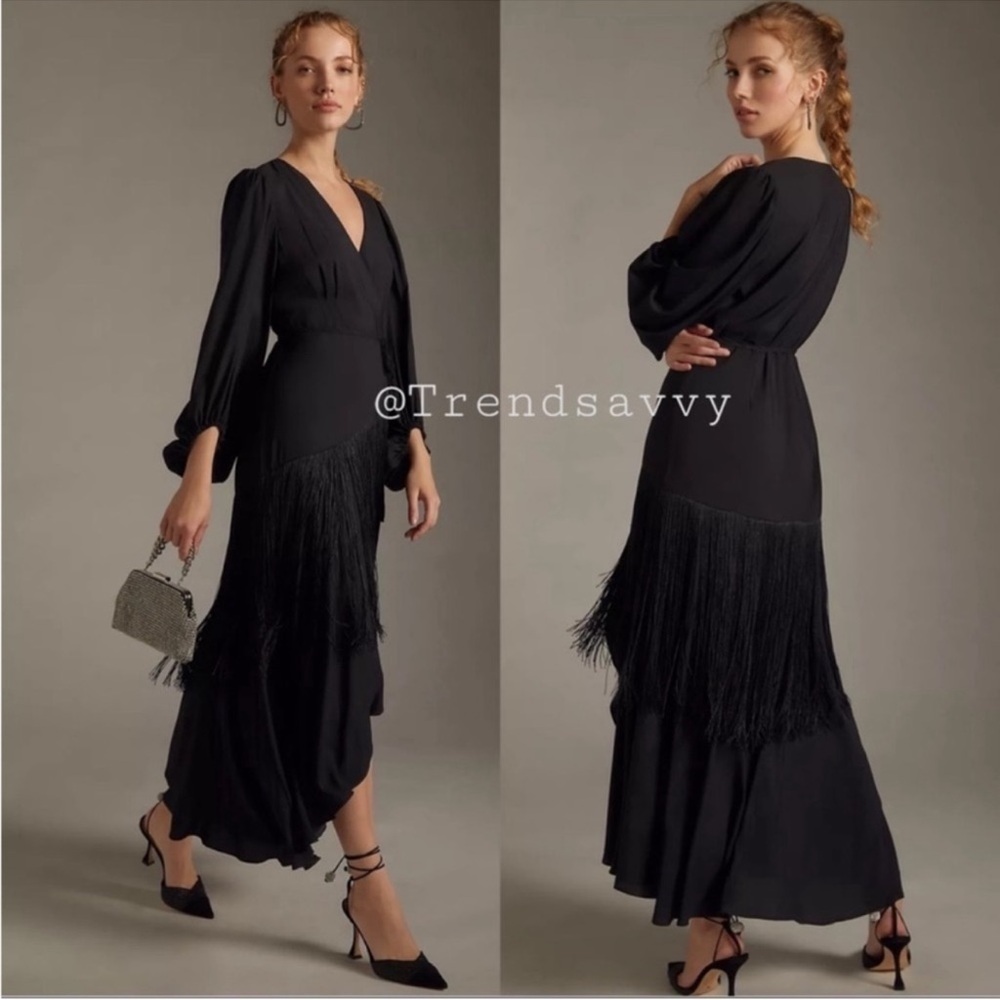 Anthropologie Hutch Black Fringe Wrap Maxi Dress V-Neck Size S NWT